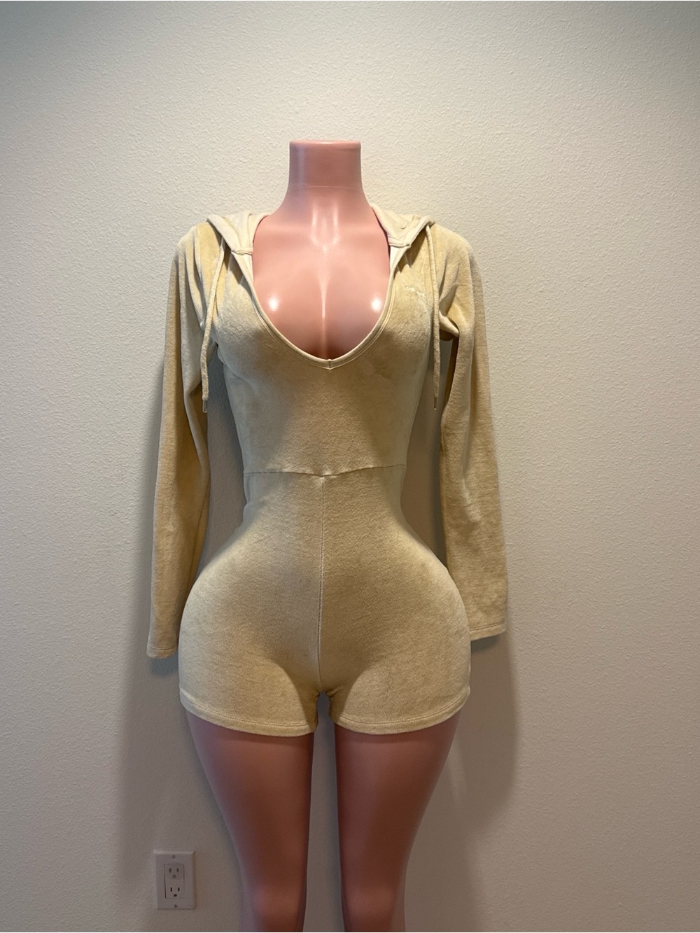 Plush Hooded Romper in Light Beige